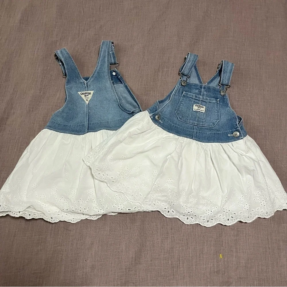 OshKosh B'gosh Two Matching Blue White Eyelet Dresses Size 3T Twins Sisters